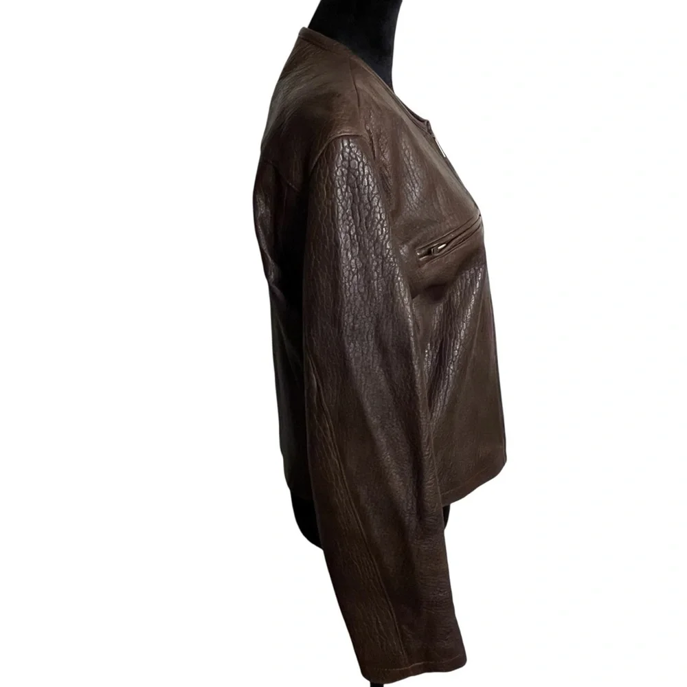 90s vintage carole little leather jacket moto brown front zip pebbled leather 6 - Picture 9 of 12